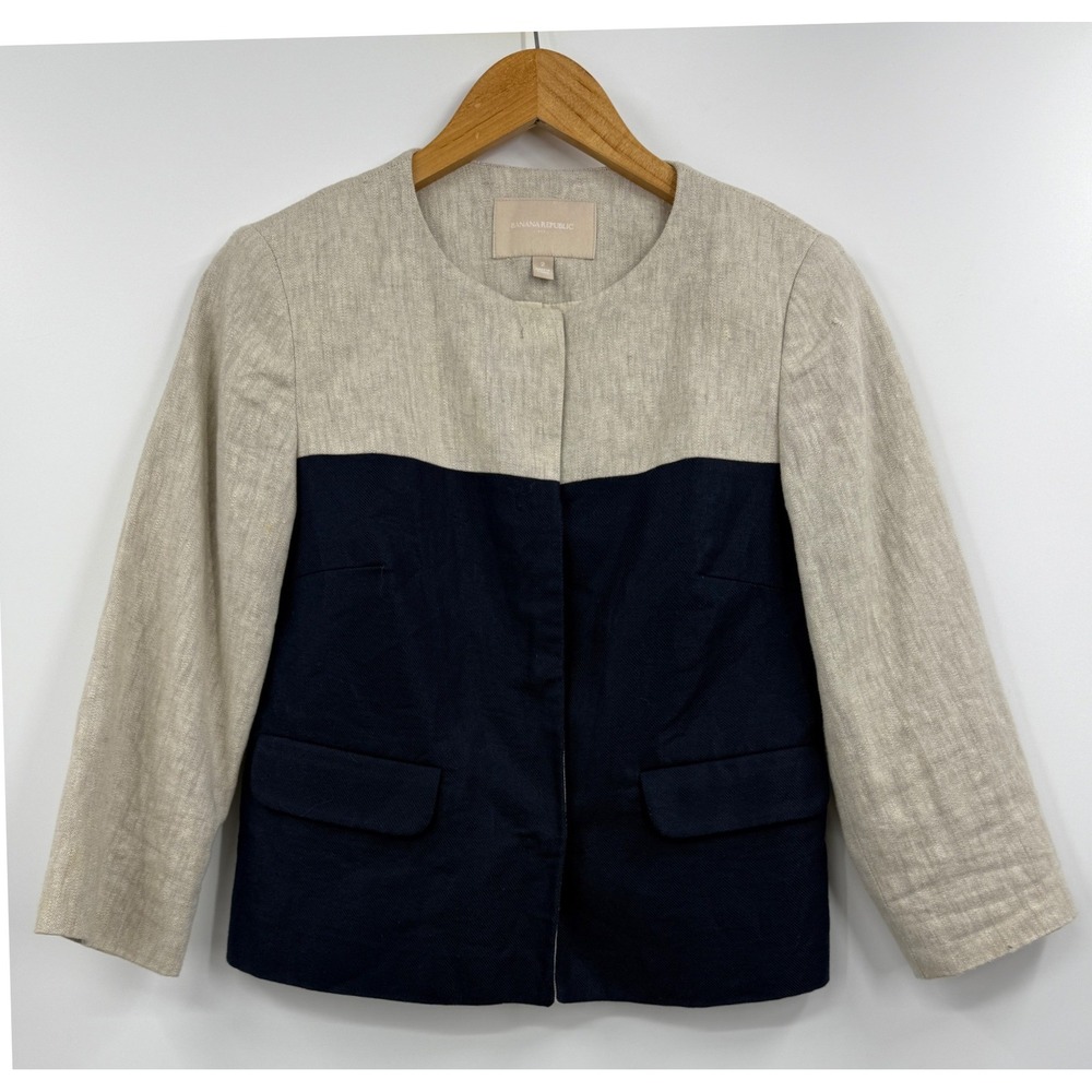 Banana Republic Two Tone Linen Blend Blazer Jacket Navy Beige Size 2